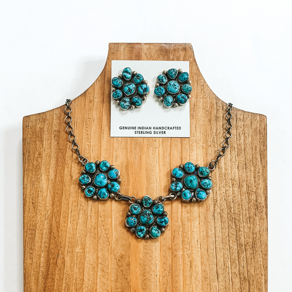 Kathleen Chavez | Navajo Handmade Sterling Silver & Kingman Turquoise Stone Flower Cluster Necklace + Matching Earrings