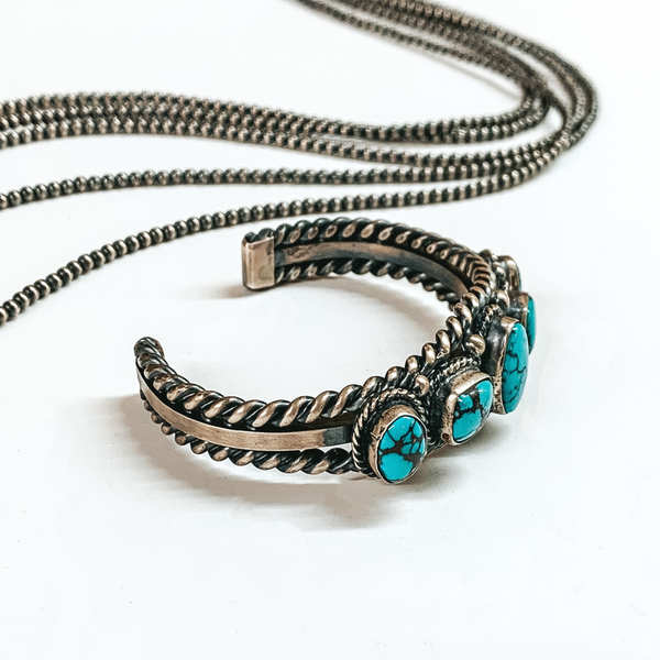 Tom Shirley | Navajo Handmade Sterling Silver Cuff with Five Turquoise Stones