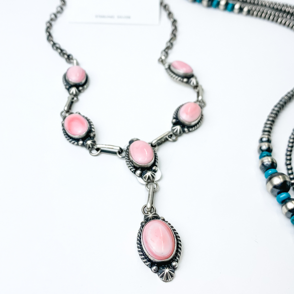 Donovan Skeets | Navajo Handmade Sterling Silver & Pink Conch Stones Lariat Necklace + Matching Earrings