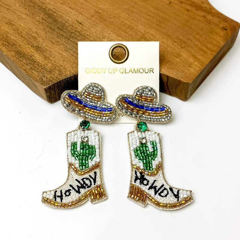Beaded Sombrero Hat and Boot Earrings in White Multi