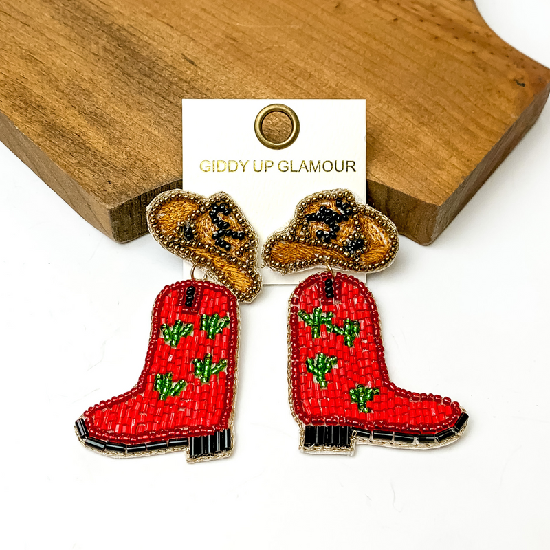Beaded Cowboy Hat and Boot Earrings in Red