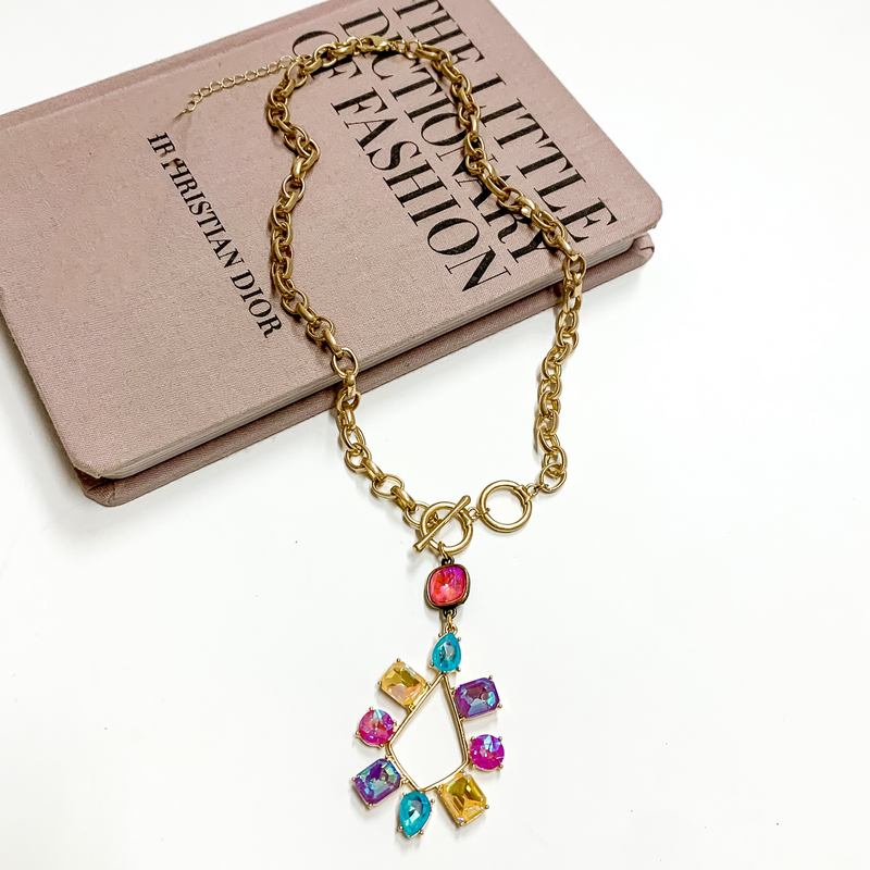 Pink Panache | Gold Tone Chain Necklace with a Pink Lotus Delight Crystal Drop and Multicolor Crystal Teardrop Pendant