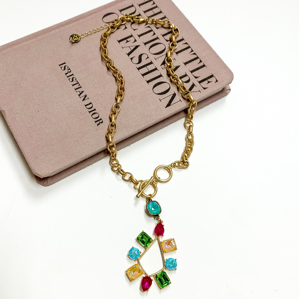 Pink Panache | Gold Tone Chain Necklace with a Laguna Delight Crystal Drop and Multicolor Crystal Teardrop Pendant