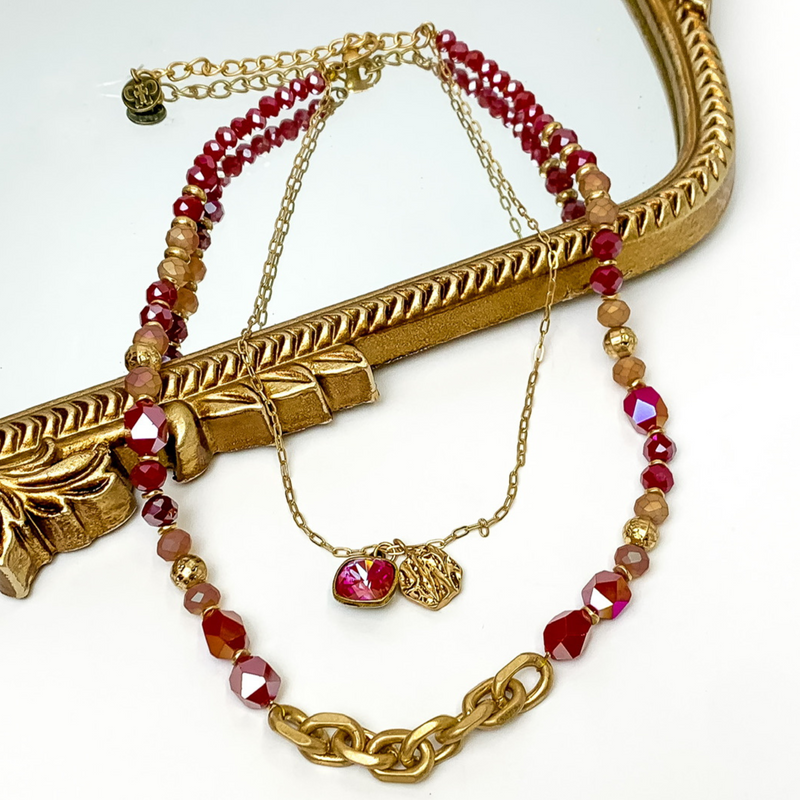 Pink Panache | Two Strand Necklace with Royal Red Delight Cushion Cut Crystal Drop and Gold Tone Coin Charm in Red