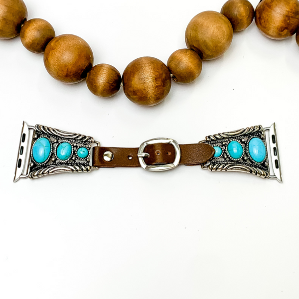Brown Apple Watch Band with Western Pendant and Turquoise Stones