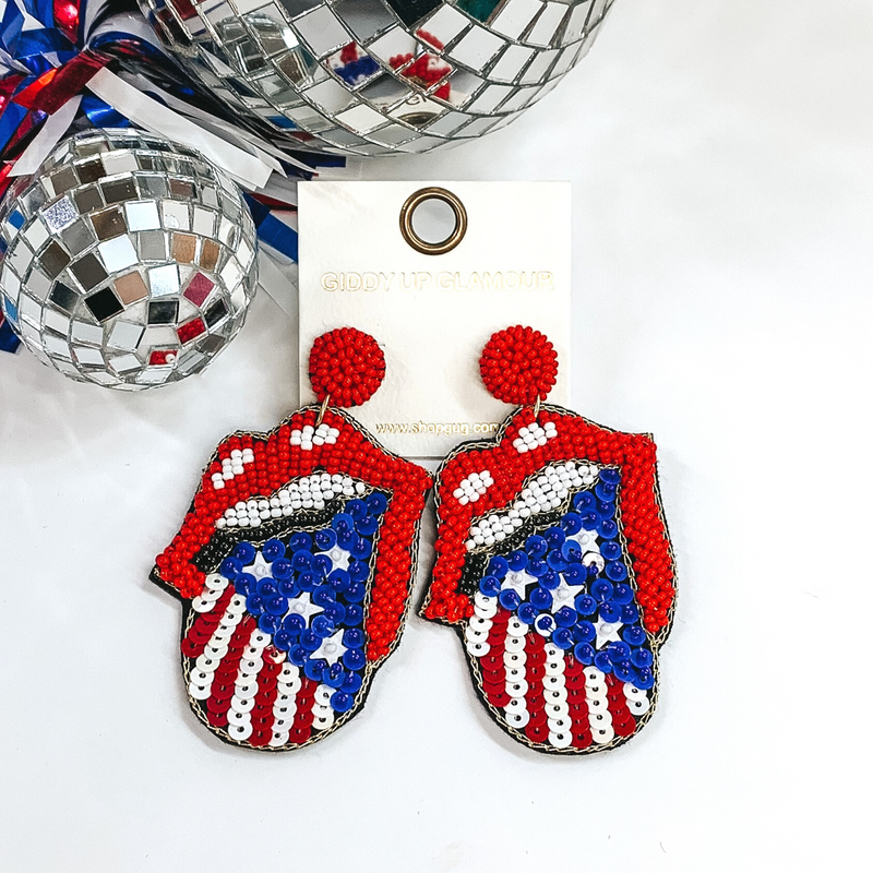 American Flag Seed Beaded Lip and Tongue Post Earrings