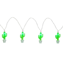 String lights that are shaped like green cacti in white pots, strung together by white string. These light are pictured on a white background. 