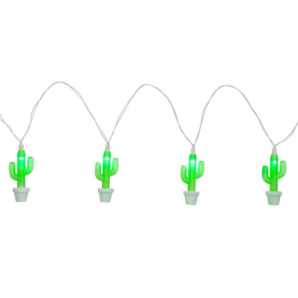 String lights that are shaped like green cacti in white pots, strung together by white string. These light are pictured on a white background. 