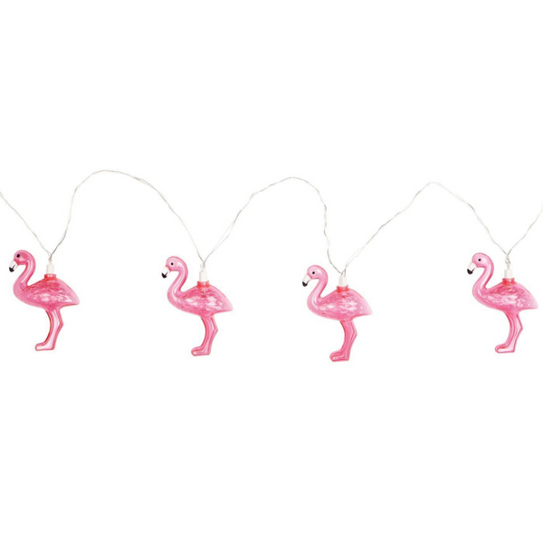 String lights that are shaped like pink standing flamingos, strung together by white string. These light are pictured on a white background.