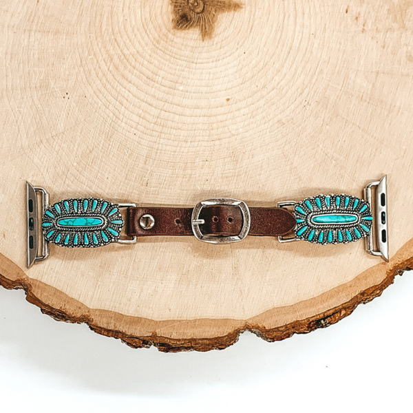 Brown Apple Watch Band with Oval Turquoise Clusters