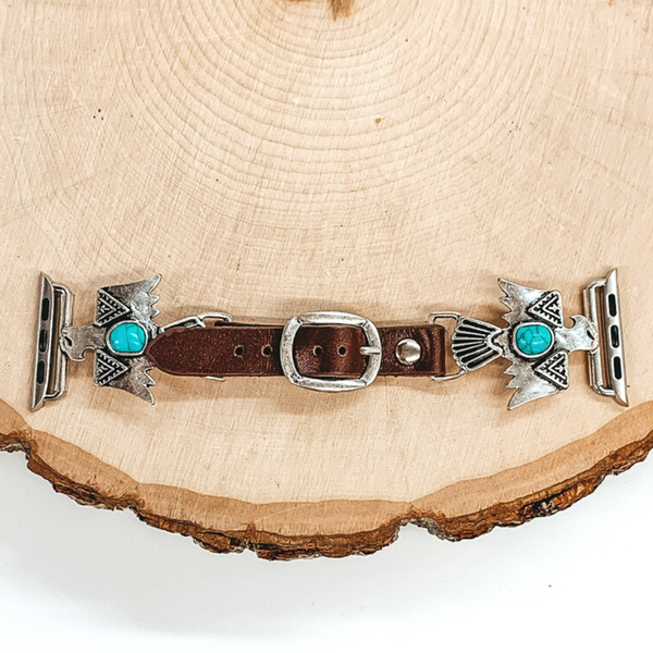 Brown Apple Watch Band with Silver Thunderbird Pendants and Turquoise Center Stone