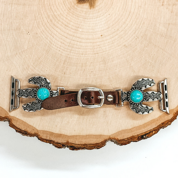 Brown Apple Watch Band with Silver Cactus Pendants and Turquoise Center Stones