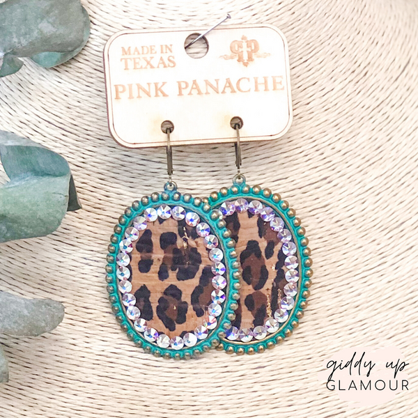 Pink Panache | Turquoise Oval Earrings with Leopard Print Inlay and AB Crystals