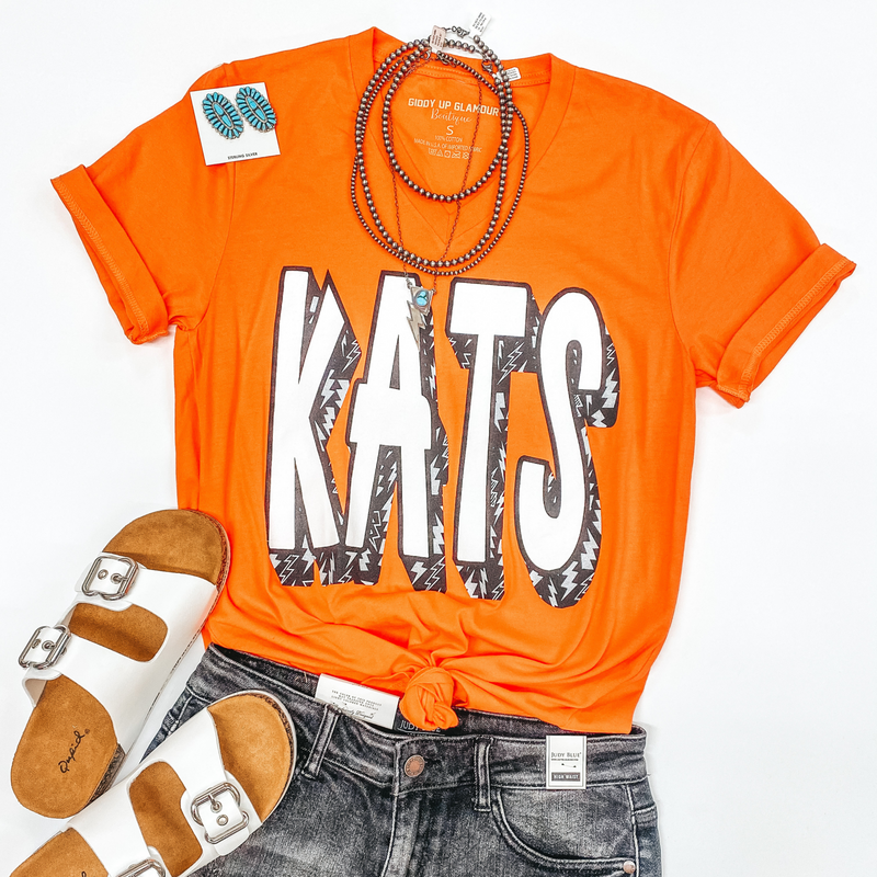 Bearkat Game Day | Kats Lightning Bolt V Neck Short Sleeve Graphic Tee in Orange
