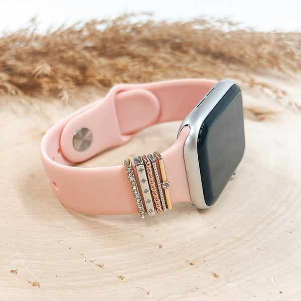 Smart Watch Band With Gold, Rose Gold, and Silver Tone Crystal Set Rings in Blush