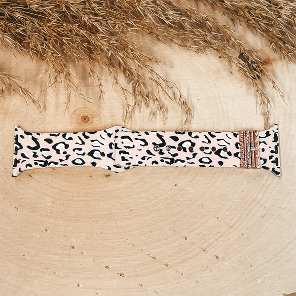 Smart Watch Band With Rose Gold Tone Crystal Set Rings with Leopard Print Design in Blush Pink