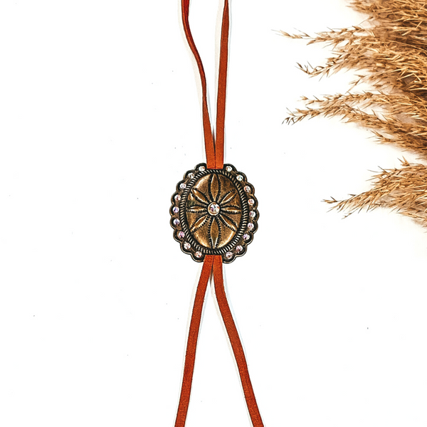 Pink Panache | Brown Faux Leather Bolo with Bronze Concho and AB Crystals