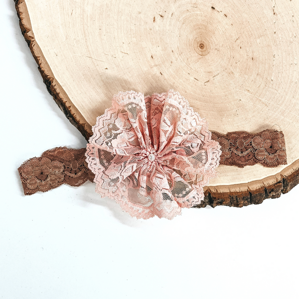 Last Chance | Mocha Lace Headband with Light Pink Lace Flower