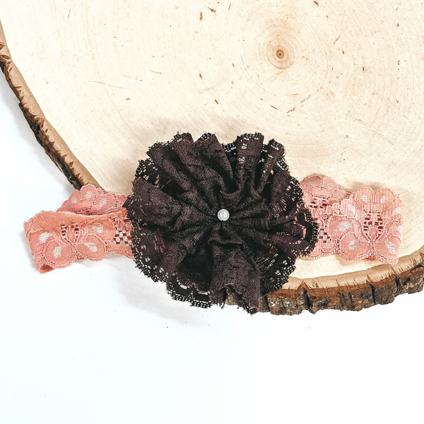 Last Chance | Pink Lace Headband with Brown Lace Flower