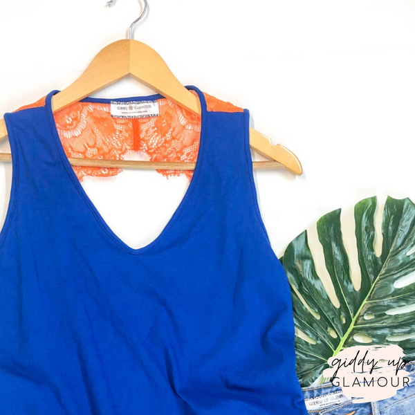 Last Chance Size Small | Open Back Tank Top with Orange Lace Detailing in Royal Blue