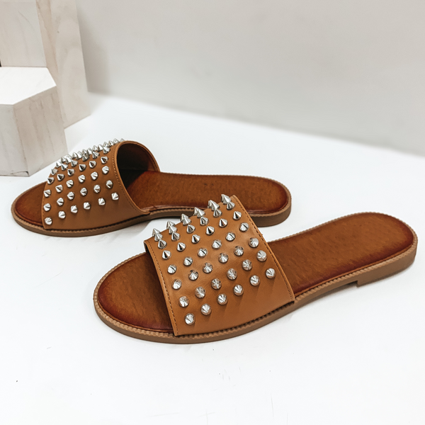 City Girl Silver Spike Embellished Slide On Sandal in Tan