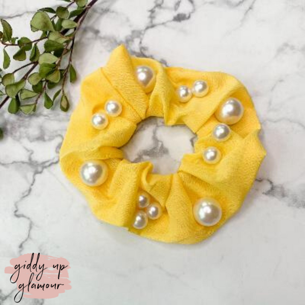 Buy 3 for $10 | Uptown Flare Large Pearl Embroidered Hair Scrunchie in Yellow