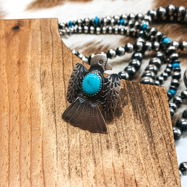 Tim Yazzie | Navajo Handmade Sterling Silver Thunderbird Ring with Turquoise Stone