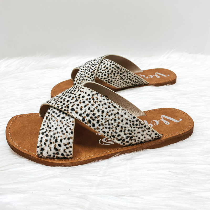 Very G | Searching For Sunshine Cross Strap Faux Hide Sandals in Dotted Beige