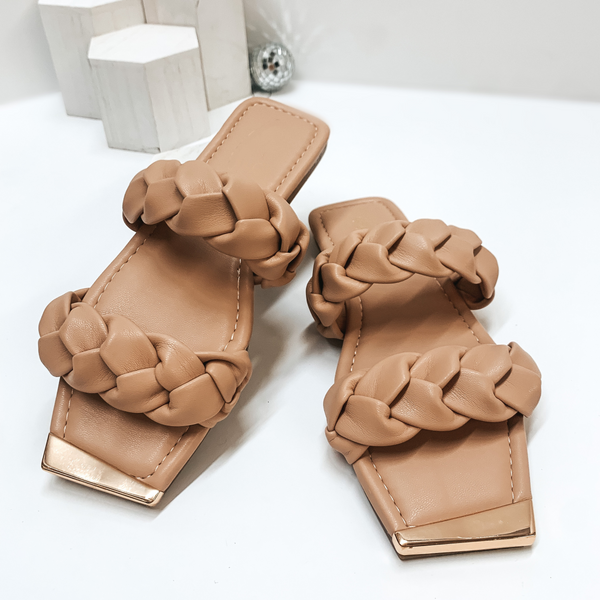 Soft Smiles Two Band Braided Slide On Sandals in Nude