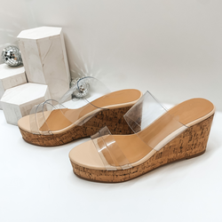 Vineyard Stroll Three Strap Cork Wedges in Clear