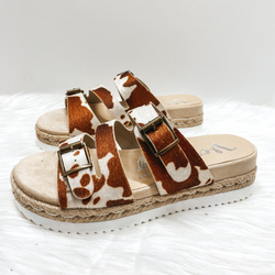 Very G | Traveling Places Strappy Faux Hide Platform Sandals with Buckles in Brown Cow