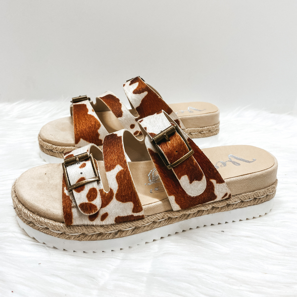 Very G | Traveling Places Strappy Faux Hide Platform Sandals with Buckles in Brown Cow