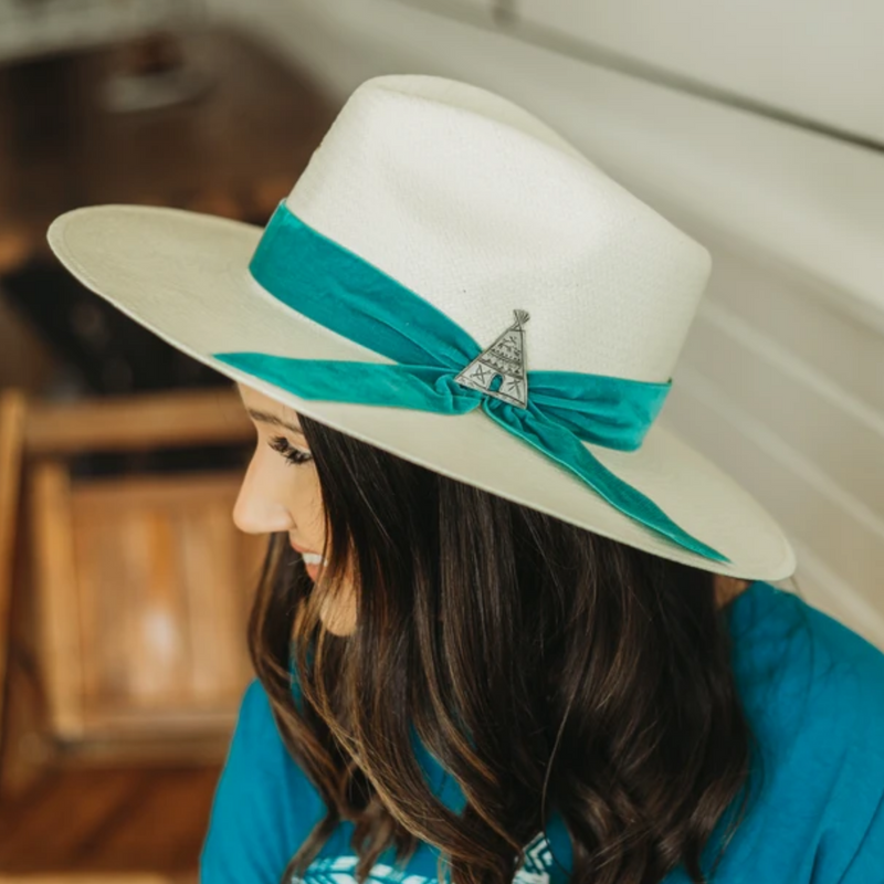 Charlie 1 Horse | Old Apache Straw Hat with Turquoise Blue Velvet Ribbon Band and Barbosa Teepee Concho Pin