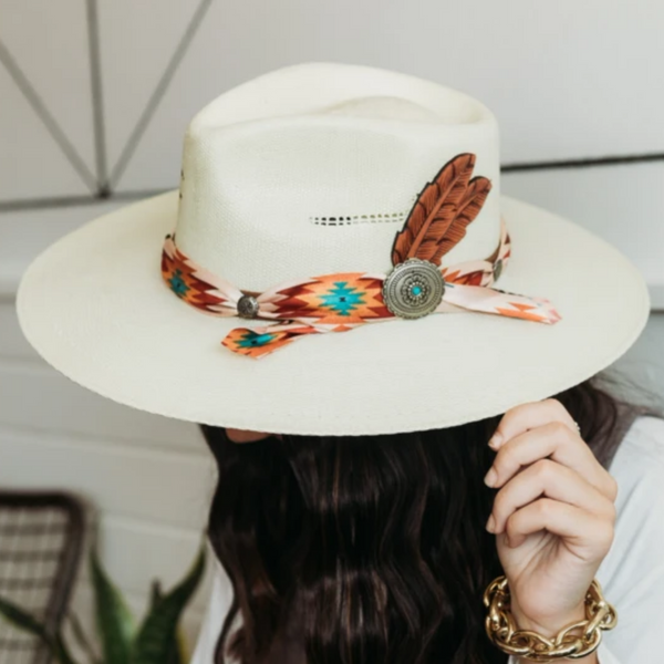 Charlie 1 Horse | Navajo Flat Brim Straw Hat with Tribal Scarf and Leather Feathers