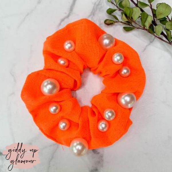 Buy 3 for $10 | Uptown Flare Large Pearl Embroidered Hair Scrunchie in Neon Orange