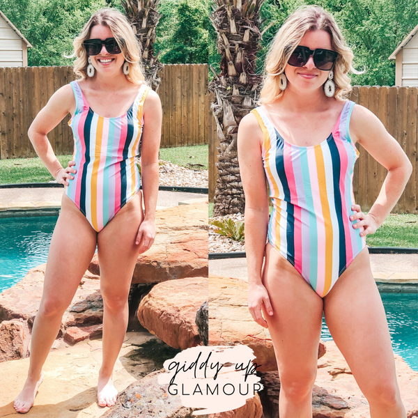 Paradise Pier Striped One Piece Swimsuit with Open Back in Multicolor