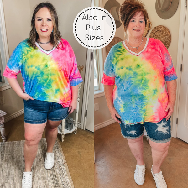 Bright Forecasts Tie Dye V Neck Top in Neon Pink, Yellow, and Blue