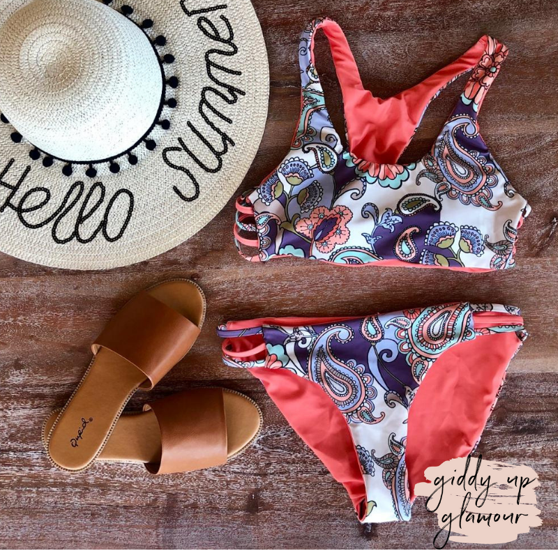 missy swimwear boutique trendy affordable paisley print coral fabric swimsuit bikini swimwear