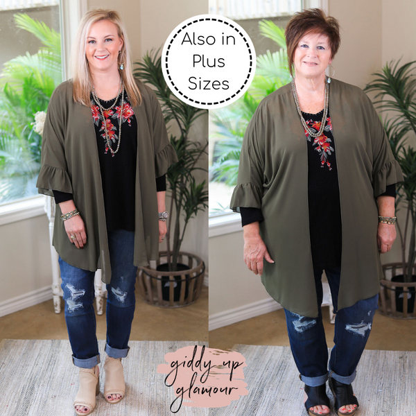 Tell Me About It Sheer Kimono with Ruffle Sleeves in Olive Green