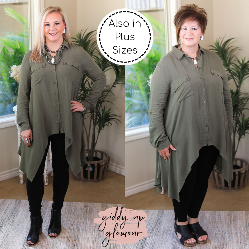 Last Chance Size S & M | Right Impression Linen Button Up Handkerchief Tunic in Olive Green