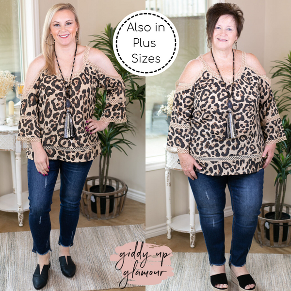 Beautiful Words Cold Shoulder Blouse with Crocheted Trim in Leopard