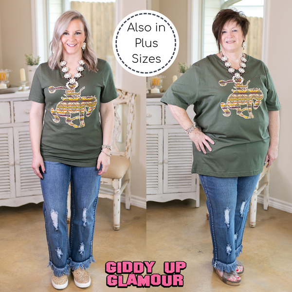 Ain't My First Rodeo Aztec Print Saddle Bronc Short Sleeve Tee Shirt in Olive Green