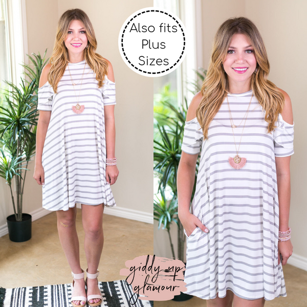 All Ruffled Up Grey and White Striped Cold Shoulder Dress