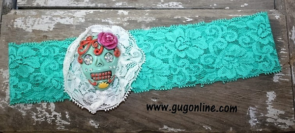 Mint Lace Headband with Mint Sugar Skull Trimmed in Ivory Lace