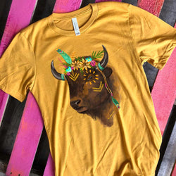 Online Exclusive | Boho Buffalo Short Sleeve Hand Drawn Graphic Tee in Mustard