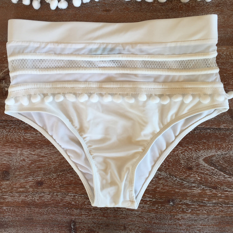 Seashores of Mexico Pom Pom High-Waisted Bikini Bottoms in White