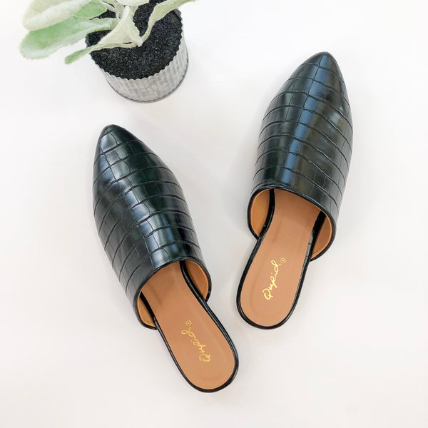 Last Chance Size 6 | Stay Wild Crocodile Slide-In Mule Flats in Black