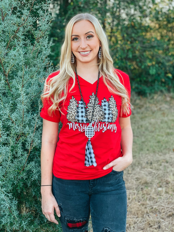 Merry Christmas Leopard and Buffalo Plaid Christmas Trees Short Sleeve Graphic Tee in Red