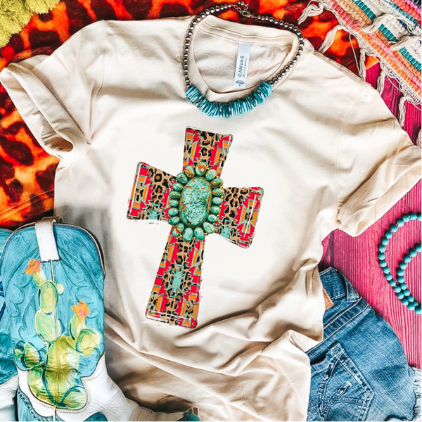 Aztec Cross with Turquoise Stone Short Sleeve Graphic Tee in Cream