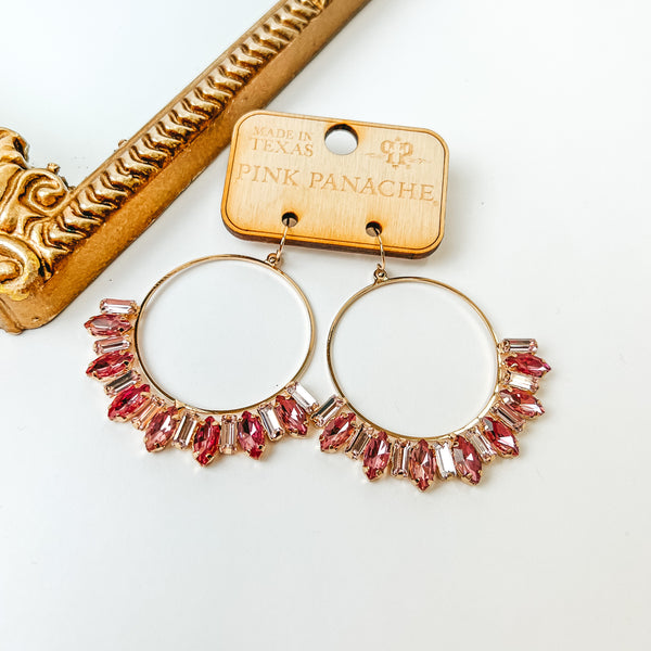 Pink Panache | Shades of Pink Baguete Rhinestone Crystals on Gold Tone Circle Hoop Earrings
